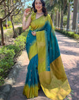 Blue Soft Silk Contrast Floral Border Zari Woven Saree