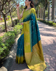 Blue Soft Silk Contrast Floral Border Zari Woven Saree