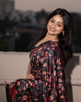 Black Kolam Silk Katha Printed Saree