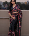 Black Kolam Silk Katha Printed Saree