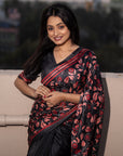 Black Kolam Silk Katha Printed Saree