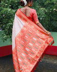 White Soft Silk with Red Contrast Zari Woven Floral Border Durga Pooja Saree