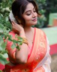 White Soft Silk with Red Contrast Zari Woven Floral Border Durga Pooja Saree