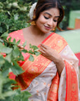 White Soft Silk with Red Contrast Zari Woven Floral Border Durga Pooja Saree