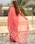 Coral Pink Soft Chanda Kora Silk with Floral Embroidery Designer Saree
