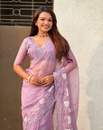 Lavender Soft Chanda Kora Silk with Floral Embroidery Designer Saree