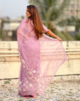 Lavender Soft Chanda Kora Silk with Floral Embroidery Designer Saree