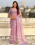 Lavender Soft Chanda Kora Silk with Floral Embroidery Designer Saree