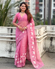 Pink Soft Chanda Kora Silk with Floral Embroidery Designer Saree