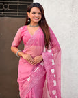 Pink Soft Chanda Kora Silk with Floral Embroidery Designer Saree