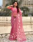 Pink Soft Chanda Kora Silk with Floral Embroidery Designer Saree