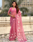 Pink Soft Chanda Kora Silk with Floral Embroidery Designer Saree