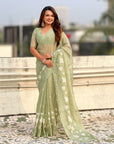 Pista Green Soft Chanda Kora Silk with Floral Embroidery Designer Saree