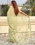 Pista Green Soft Chanda Kora Silk with Floral Embroidery Designer Saree
