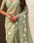 Pista Green Soft Chanda Kora Silk with Floral Embroidery Designer Saree