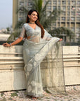 Sky Blue Soft Oris Silk with Patch Embroidery Work Designer Saree