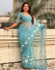 Sky Blue Soft Chanda Kora Silk with Floral Embroidery Designer Saree