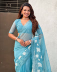 Sky Blue Soft Chanda Kora Silk with Floral Embroidery Designer Saree