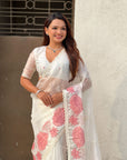 White Soft Oris Silk with Patch Embroidery Work Designer Saree