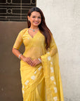 Yellow Soft Chanda Kora Silk with Floral Embroidery Designer Saree