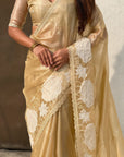 Yellow Soft Oris Silk with Patch Embroidery Work Designer Saree