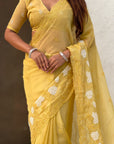 Yellow Soft Chanda Kora Silk with Floral Embroidery Designer Saree