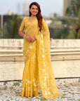 Yellow Soft Chanda Kora Silk with Floral Embroidery Designer Saree
