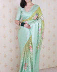 Pista Soft Georgette Floral Printed Zari Woven Saree