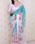 Sky Blue Soft Georgette Floral Printed Zari Woven Saree