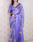 Violet Soft Georgette Floral Printed Zari Woven Saree