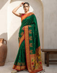 Green Soft Traditional Paithani Silk Zari Woven Peacock Pattern Saree
