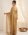 Gold Organza Silk Saree with Sequins Embroidery Work Saree