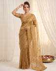 Gold Organza Silk Saree with Sequins Embroidery Work Saree