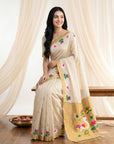 Cream Soft Paithani Silk Saree with Swan Concept Saree