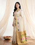 Cream Soft Paithani Silk Saree with Swan Concept Saree