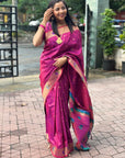 Magenta Paithani Silk Saree with Zari Woven Meenakari Lotus Border and Pallu