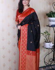 Black Soft Banarasi Silk Zari Work Saree with Flower Pattern Border