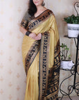 Chikoo Soft Warli Art Zari Woven Silk Saree with Contrast Border