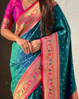 Peacock Blue Bandhani Weaves Silk Saree with Paithani Border & Pallu