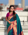 Peacock Blue Bandhani Weaves Silk Saree with Paithani Border & Pallu