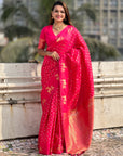 Pink Soft Silk Dual Zari Woven Saree with Deer Border