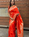 Orange Soft Banarasi Jaal Zari Woven Silk Saree