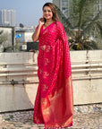 Pink Soft Silk Dual Zari Woven Saree with Deer Border