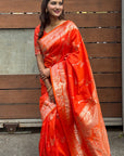 Orange Soft Banarasi Jaal Zari Woven Silk Saree