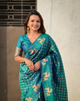 Peacock Blue Soft Silk Dual Zari Woven Saree with Deer Border