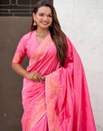Baby Pink Soft Zari Woven Lotus Border and Pichwai Art Pallu Silk Saree