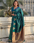 Peacock Blue Soft Silk Dual Zari Woven Saree with Deer Border