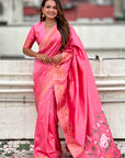 Baby Pink Soft Zari Woven Lotus Border and Pichwai Art Pallu Silk Saree