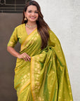 Mehendi Green Soft Zari Woven Lotus Border and Pichwai Art Pallu Silk Saree