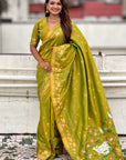 Mehendi Green Soft Zari Woven Lotus Border and Pichwai Art Pallu Silk Saree